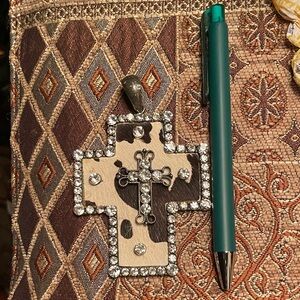 Blinged Cross Pendant with cowhide Animal Print. Brushed Silvertone-Pen not incl